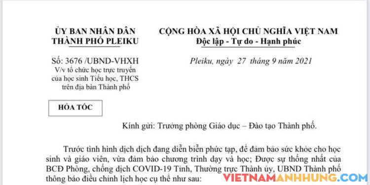 UBND thành phố PLeiku có Công văn hoả tốc về việc điều chỉnh việc học tập của học sinh Tiểu học, THCS trên địa bàn thành phố