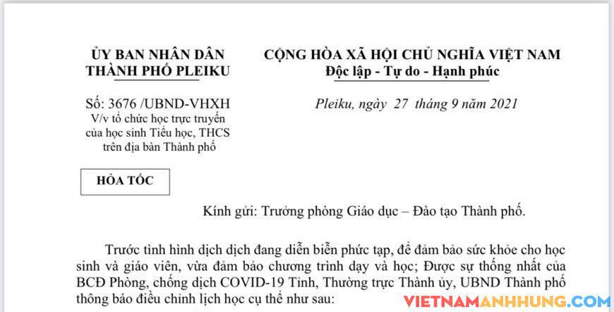 UBND thành phố PLeiku có Công văn hoả tốc về việc điều chỉnh việc học tập của học sinh Tiểu học, THCS trên địa bàn thành phố