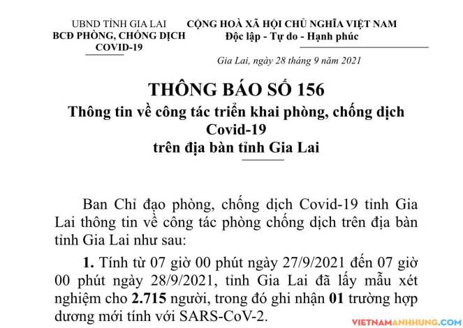 Thông báo 156: Gia Lai ghi nhận thêm 01 trường hợp dương tính với Sars-CoV-2