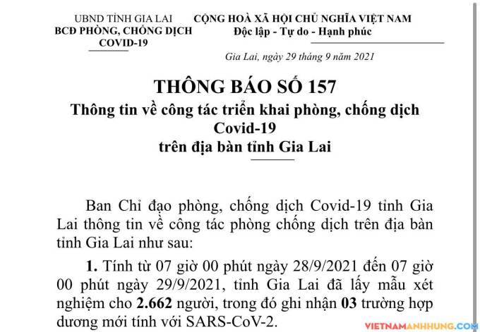 Thông báo 157: Gia Lai ghi nhận thêm 03 trường hợp dương tính