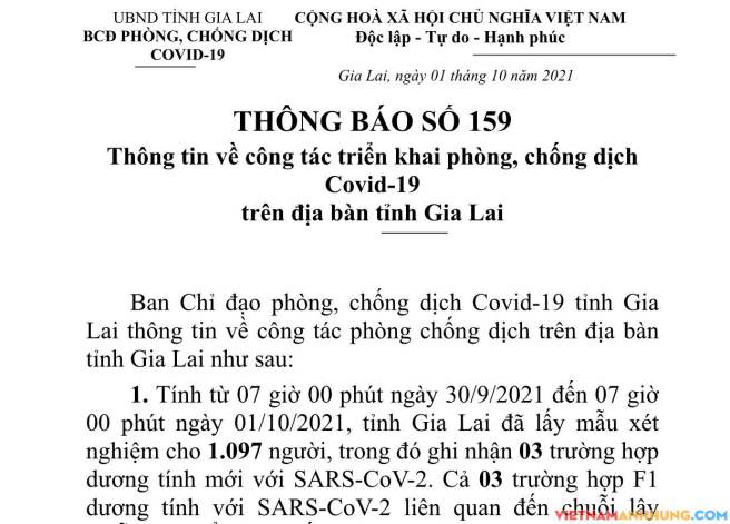 Thông báo 159: Gia Lai ghi nhận thêm 03 trường hợp dương tính với Sars-CoV-2