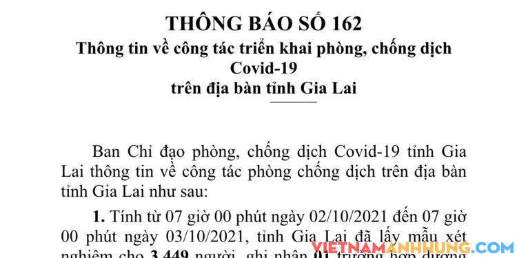 Thông báo 161: Gia Lai ghi nhận thêm 01 trường hợp dương tính với Sars-CoV-2