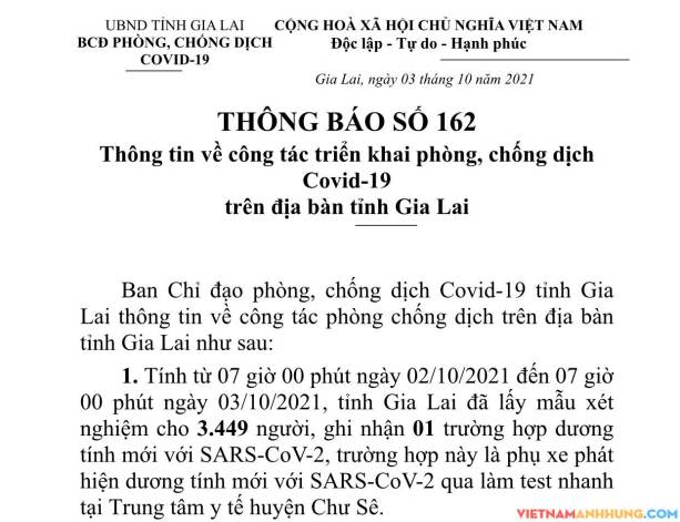 Thông báo 161: Gia Lai ghi nhận thêm 01 trường hợp dương tính với Sars-CoV-2