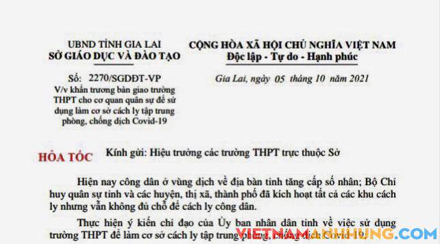 Sở Giáo dục và Đào tạo Gia Lai có Công văn hoả tốc về việc sử dụng các trường THPT làm cơ sở cách ly tập trung phòng, chống dịch Covid-19 của tỉnh
