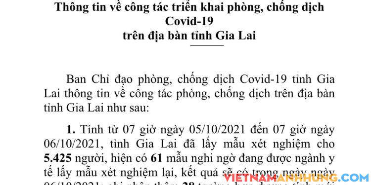 Thông báo 165: Gia Lai ghi nhận thêm 28 trường hợp dương tính với Sars-CoV-2 đa phần số ca mắc là từ vùng dịch về địa phương