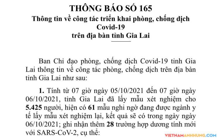 Thông báo 165: Gia Lai ghi nhận thêm 28 trường hợp dương tính với Sars-CoV-2 đa phần số ca mắc là từ vùng dịch về địa phương