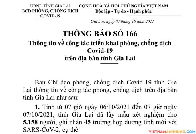 Thông báo 166: Gia Lai ghi nhận thêm 45 trường hợp dương tính với Sars-CoV-2 đi từ vùng dịch về