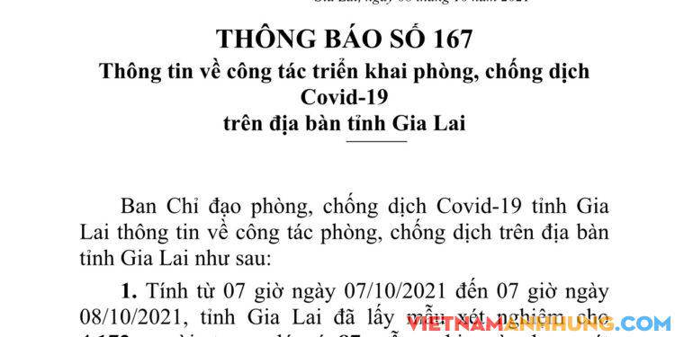 Thông báo 167: Gia Lai ghi nhận thêm 60 trường hợp dương tính với Sars-CoV-2
