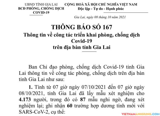 Thông báo 167: Gia Lai ghi nhận thêm 60 trường hợp dương tính với Sars-CoV-2