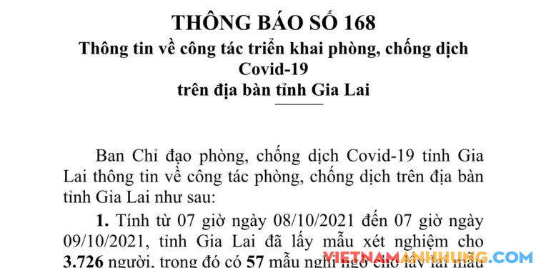 Thông báo 168: Gia Lai ghi nhận 37 trường hợp dương tính và 08 trường hợp đi từ vùng dịch về tái dương tính với Sars-CoV-2