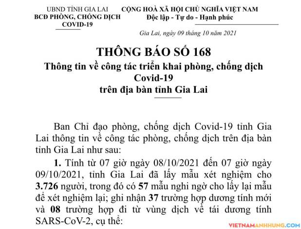 Thông báo 168: Gia Lai ghi nhận 37 trường hợp dương tính và 08 trường hợp đi từ vùng dịch về tái dương tính với Sars-CoV-2