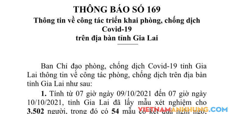 Thông báo 169: Gia Lai ghi nhận thêm 36 trường hợp dương tính với Sars-CoV-2 và 04 trường hợp đi từ vùng dịch về tái dương tính