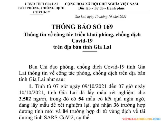 Thông báo 169: Gia Lai ghi nhận thêm 36 trường hợp dương tính với Sars-CoV-2 và 04 trường hợp đi từ vùng dịch về tái dương tính