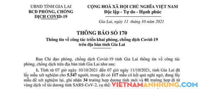 Thông báo 170: Gia Lai ghi nhận thêm 34 trường hợp dương tính và 01 trường hợp đi từ vùng dịch về tái dương tính với Sars-CoV-2