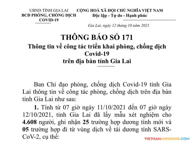Thông báo 171: Gia Lai ghi nhận thêm 25 ca dương tính mới và 05 ca tái dương tính với Sars-CoV-2 đi từ vùng dịch về