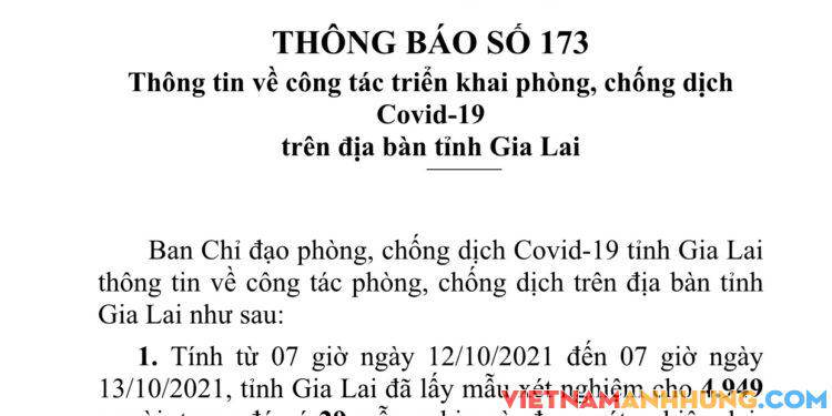 Thông báo 173: Gia Lai ghi nhận thêm 33 trường hợp dương tính mới và 07 trường hợp tái dương tính với Sars-CoV-2 đi từ vùng dịch về
