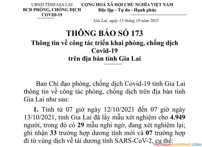 Thông báo 173: Gia Lai ghi nhận thêm 33 trường hợp dương tính mới và 07 trường hợp tái dương tính với Sars-CoV-2 đi từ vùng dịch về