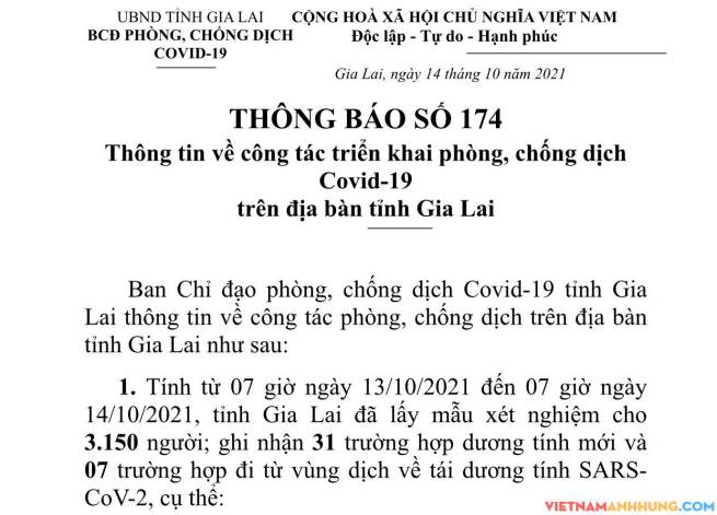 Thông báo 174: Gia Lai ghi nhận thêm 31 trường hợp dương tính mới và 07 trường hợp đi từ vùng dịch về tái dương tính với Sars-CoV-2
