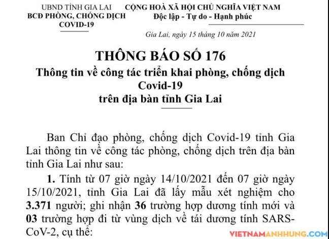 Thông báo 176: Gia Lai ghi nhận thêm 36 trường hợp dương tính và 03 trường hợp đi từ vùng dịch về tái dương tính với Sars-CoV-2