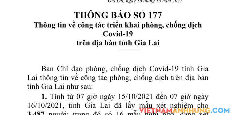 Thông báo 177: Gia Lai ghi nhận thêm 37 trường hợp dương tính với Sars-CoV-2
