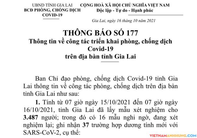 Thông báo 177: Gia Lai ghi nhận thêm 37 trường hợp dương tính với Sars-CoV-2