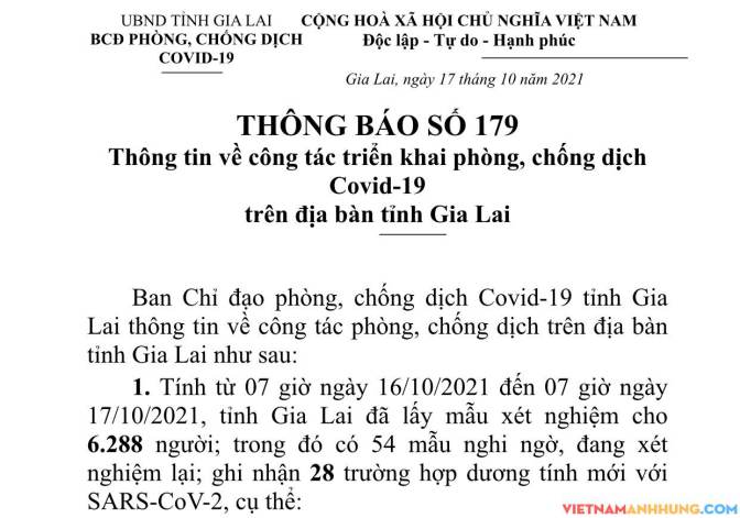 Thông báo 179: Gia Lai ghi nhận thêm 28 trường hợp dương tính với Sars-CoV-2