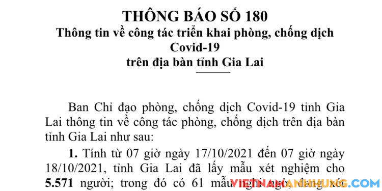 Thông báo 180: Gia Lai ghi nhận thêm 33 trường hợp dương tính với Sars-CoV-2 và 01 trường hợp tái dương tính đi từ vùng dịch về địa phương