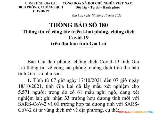 Thông báo 180: Gia Lai ghi nhận thêm 33 trường hợp dương tính với Sars-CoV-2 và 01 trường hợp tái dương tính đi từ vùng dịch về địa phương