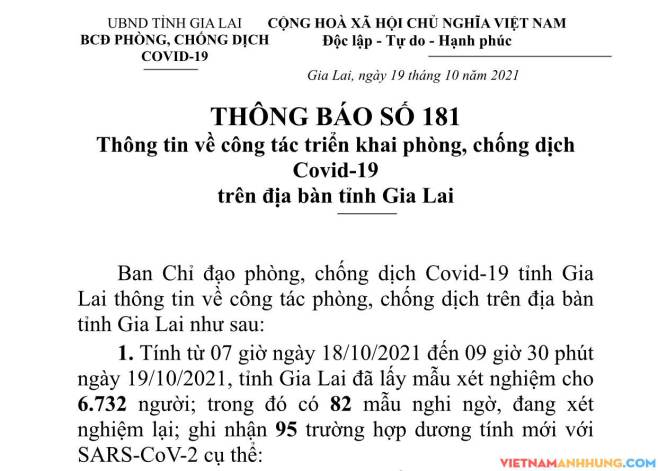 Thông báo 181: Gia Lai ghi nhận thêm 95 trường hợp dương tính với Sars-CoV-2