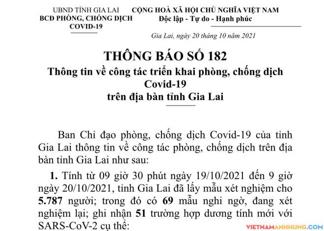 Thông báo 182: Gia Lai ghi nhận thêm 51 trường hợp dương tính với Sars-CoV-2