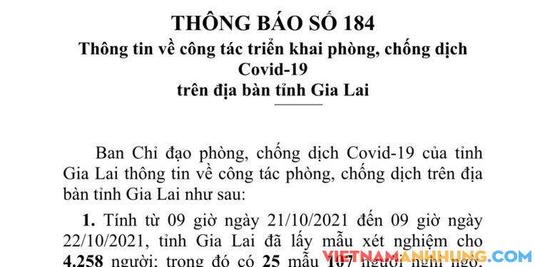 Thông báo 184: Gia Lai ghi nhận thêm 50 trường hợp dương tính và 07 trường hợp tái dương tính với Sars-CoV-2 đi từ vùng dịch về