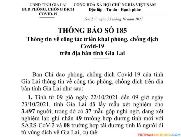 Thông báo 185: Gia Lai ghi nhận thêm 49 trường hợp dương tính mới với Sars-CoV-2 và 08 trường hợp tái dương tính đi từ vùng dịch về