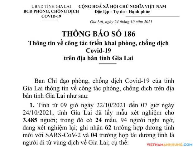 Thông báo 186: Gia Lai ghi nhận 62 trường hợp dương tính mới với SARS-CoV-2 và 04 trường hợp tái dương tính là người đi từ vùng dịch về