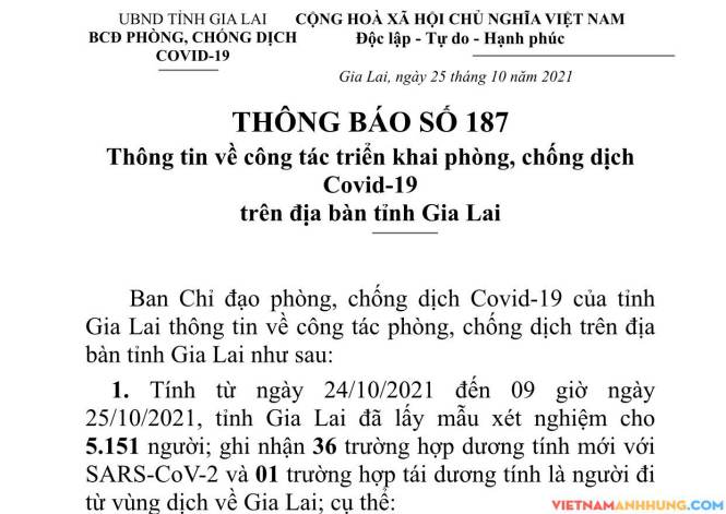 Thông báo 187: Gia Lai ghi nhận thêm 36 trường hợp dương tính với Sars-CoV-2 và 01 trường hợp tái dương tính đi từ vùng dịch về