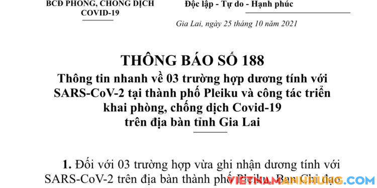 Thông báo số 188: Thông tin nhanh về 03 trường hợp dương tính với Sars-CoV-2 trên địa bàn thành phố Pleiku