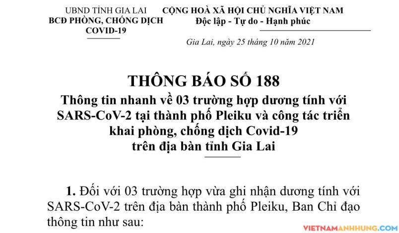 Thông báo số 188: Thông tin nhanh về 03 trường hợp dương tính với Sars-CoV-2 trên địa bàn thành phố Pleiku