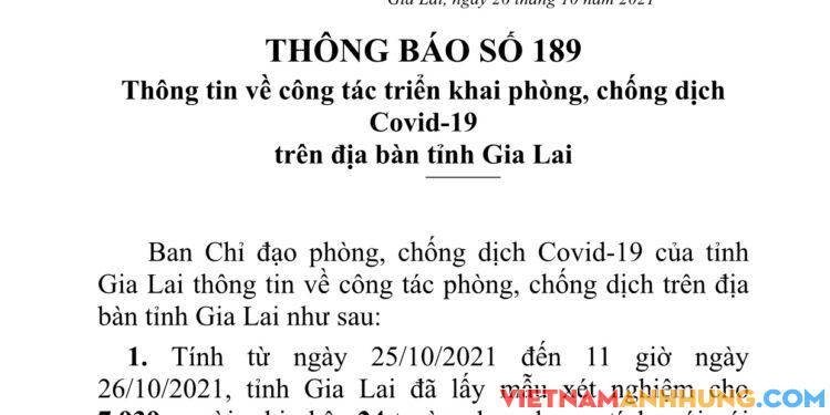 Thông báo 189: Gia Lai ghi nhận thêm 24 trường hợp dương tính với Sars-CoV-2 và 01 trường hợp tái dương tính