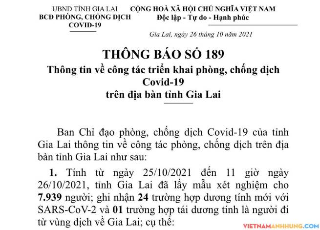 Thông báo 189: Gia Lai ghi nhận thêm 24 trường hợp dương tính với Sars-CoV-2 và 01 trường hợp tái dương tính