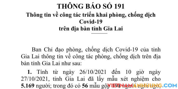 Thông báo 191: Gia Lai ghi nhận thêm 52 trường hợp dương tính mới với Sars-CoV-2 và 01 trường hợp tái dương tính đi từ vùng dịch về