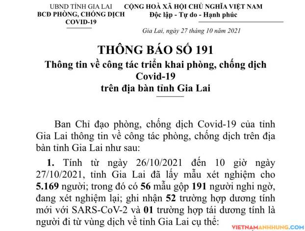 Thông báo 191: Gia Lai ghi nhận thêm 52 trường hợp dương tính mới với Sars-CoV-2 và 01 trường hợp tái dương tính đi từ vùng dịch về