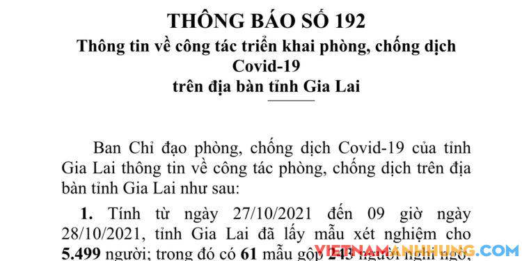 Thông báo số 192: Gia Lai ghi nhận thêm 66 trường hợp dương tính với Sars-CoV-2 và 05 trường hợp tái dương tính đi từ vùng dịch về