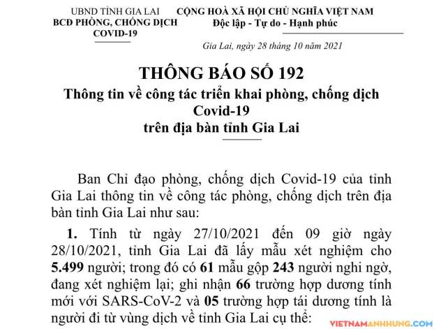 Thông báo số 192: Gia Lai ghi nhận thêm 66 trường hợp dương tính với Sars-CoV-2 và 05 trường hợp tái dương tính đi từ vùng dịch về