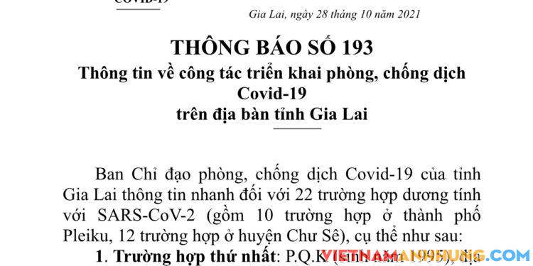 Thông báo số 193: Thông tin về 22 trường hợp dương tính mới (10 trường hợp ở Pleiku và 12 ở Chư Sê)