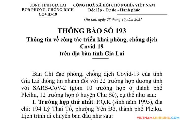 Thông báo số 193: Thông tin về 22 trường hợp dương tính mới (10 trường hợp ở Pleiku và 12 ở Chư Sê)