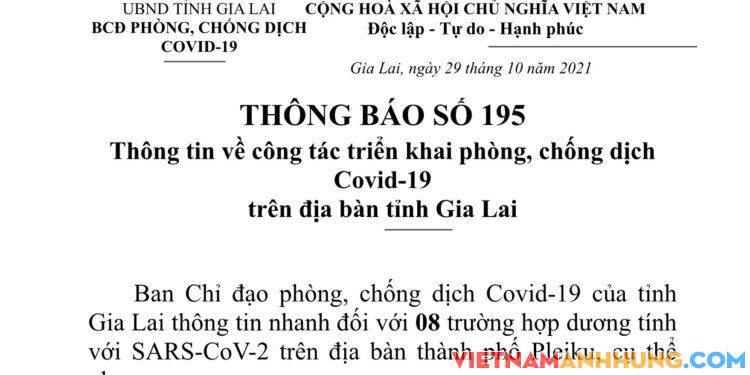 Thông báo 195: Chiều 29/10/2021 Gia Lai ghi nhận thêm 08 trường hợp dương tính với Sars-CoV-2