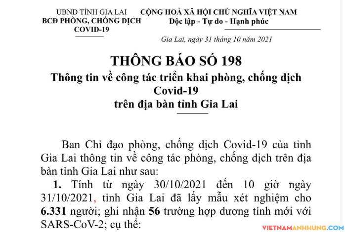 Thông báo 198: Gia Lai ghi nhận thêm 56 trường hợp dương tính với Sars-CoV-2