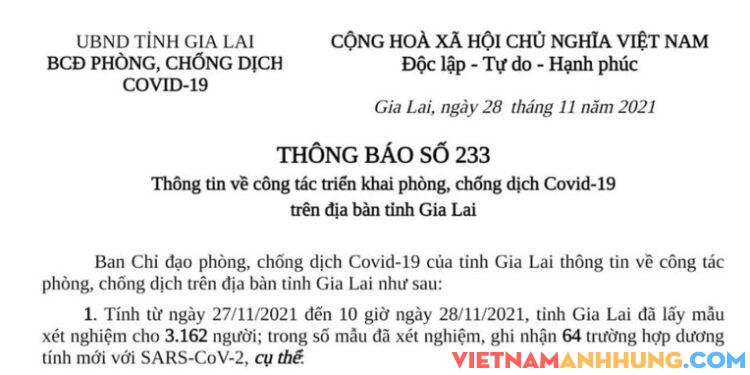 Thông báo 233: Ngày 28/11/2021 Gia Lai ghi nhận thêm 64 trường hợp dương tính với Sars-CoV-2