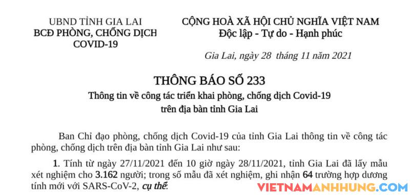 Thông báo 233: Ngày 28/11/2021 Gia Lai ghi nhận thêm 64 trường hợp dương tính với Sars-CoV-2