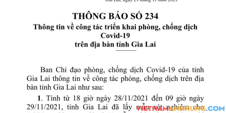 Thông báo 234: Sáng 29/11/2021, Gia Lai ghi nhận thêm 86 trường hợp dương tính với Sars-CoV-2