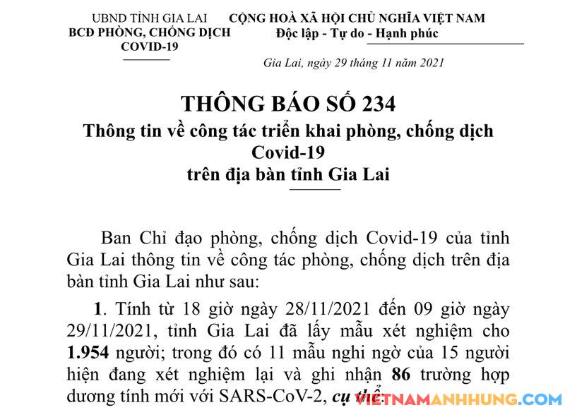 Thông báo 234: Sáng 29/11/2021, Gia Lai ghi nhận thêm 86 trường hợp dương tính với Sars-CoV-2